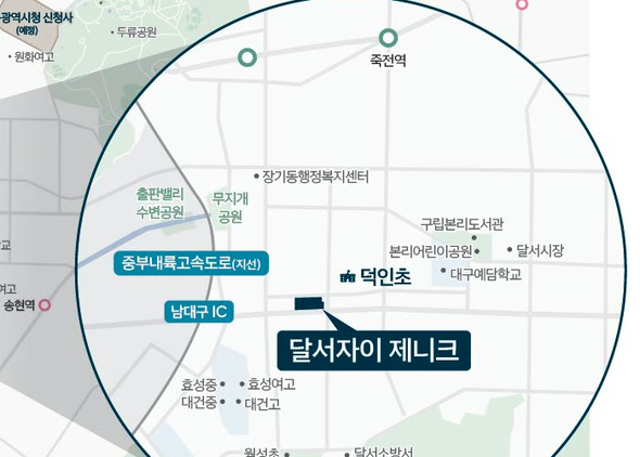 달서자이 제니크 오피스텔 현장 약도 — 덕인초·남대구IC·죽전역 인근