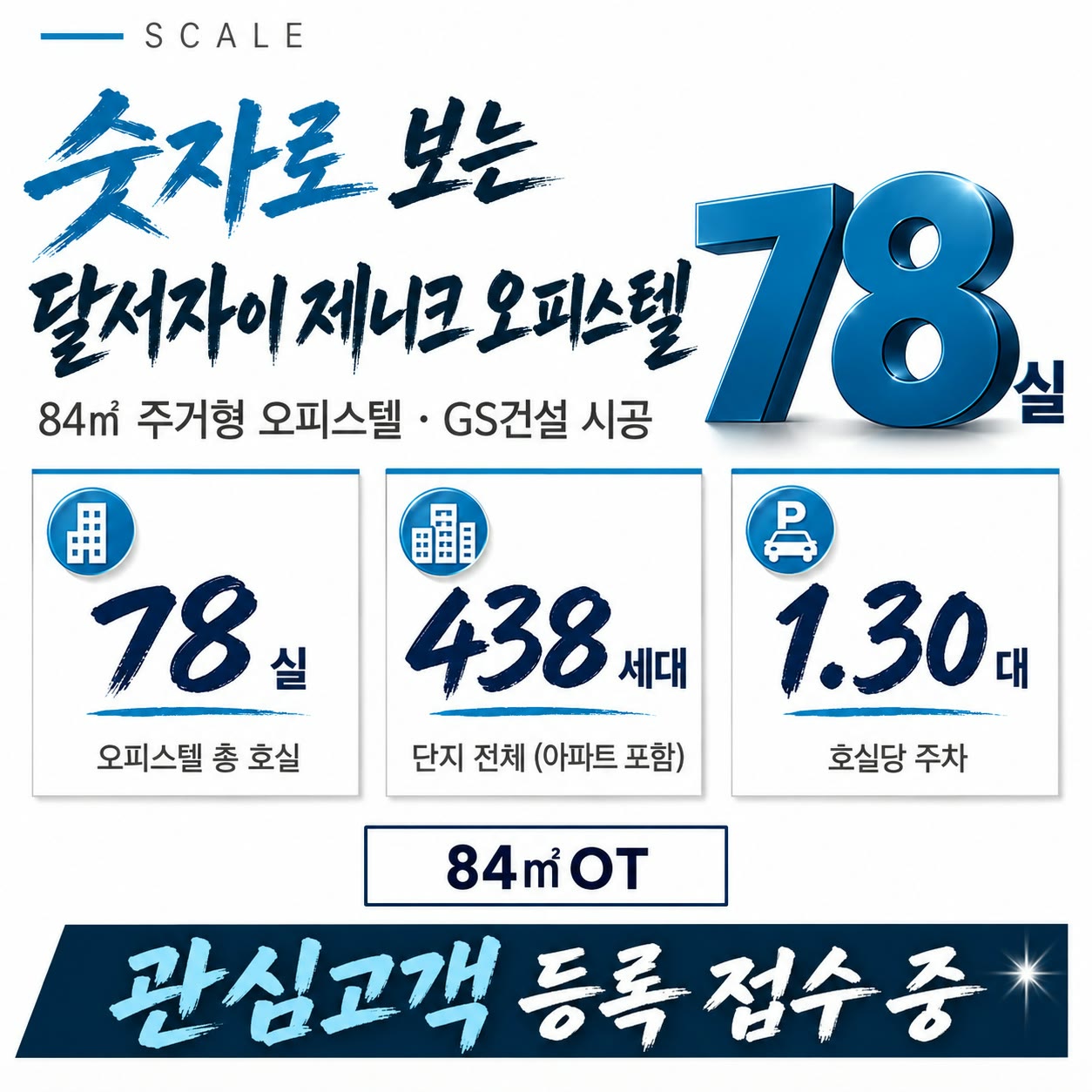 SCALE — 숫자로 보는 달서자이 제니크 오피스텔. 84㎡ 주거형 오피스텔 · GS건설 시공. 오피스텔 총 호실 78실, 단지 전체(아파트 포함) 438세대, 호실당 주차 1.30대. 84㎡OT. 관심고객 등록 접수 중.