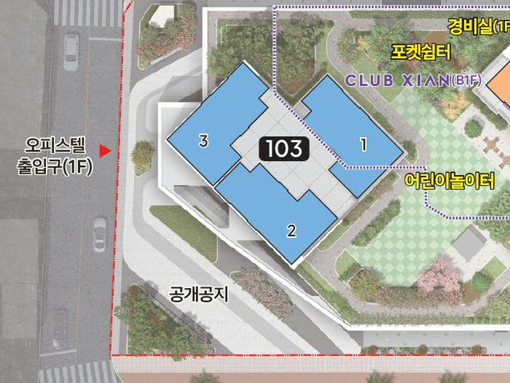 단지 배치도 중 103동(주거형 오피스텔 동)과 오피스텔 출입구(1F)